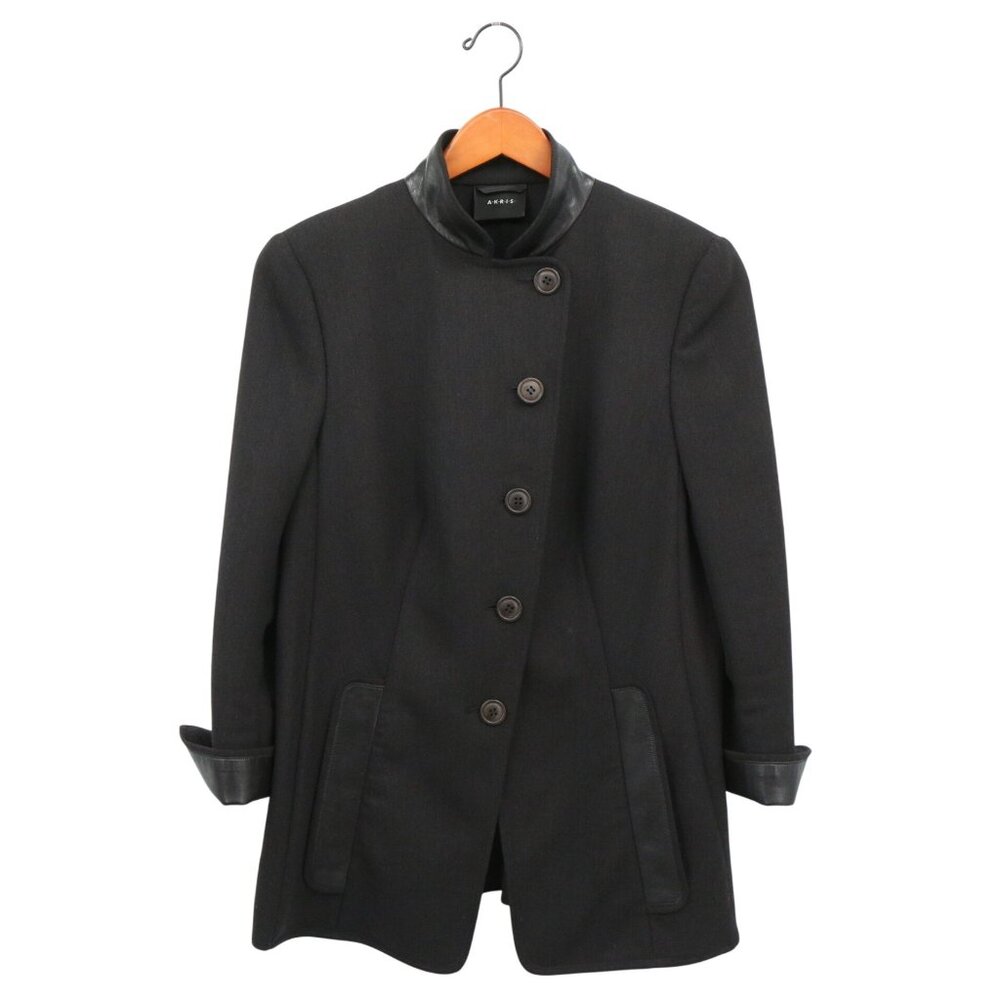 Akris Black Leather Trim Stand Collar Moto Buttoned Front Jacket 12